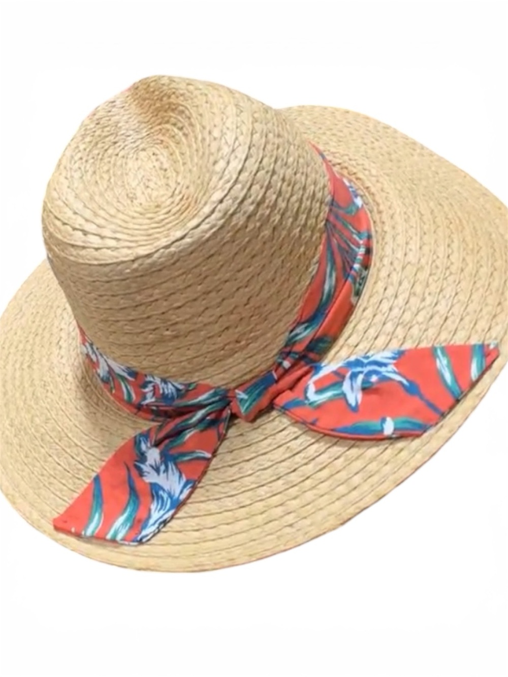 Vince Camuto Straw Sun Hat with Coral Floral Scarf
